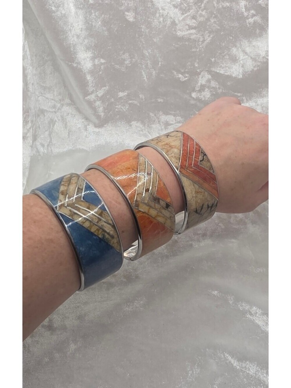 Set of 3 Wide Silver Tone Bangle Bracelets Blue Orange Red Chevron Inlay 8 Inch